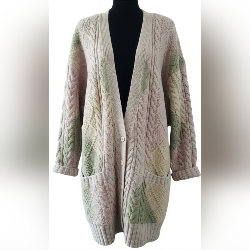 Scandi Girl Cable Knit Grandpa Cottage Fisherman Wool Cardigan Sweater Medium